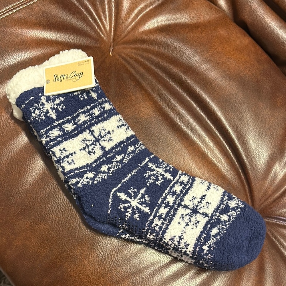 Blue and White Cozy Socks with grips at the bottom